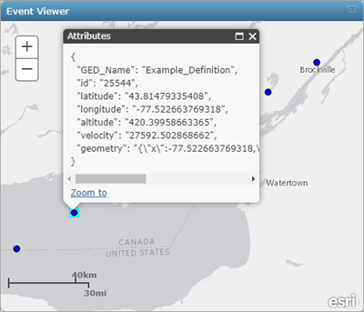 GeoEvent attribute data viewed in a popup in the Event Viewer GeoEvent attribute data viewed in a popup in the Event Viewer