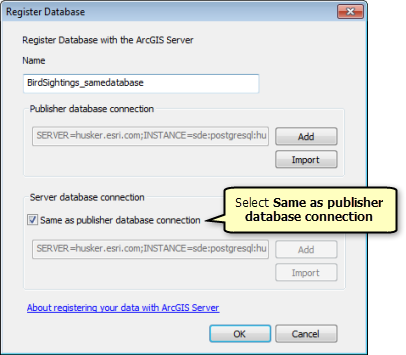 In the Register Database window, click Same as publisher database connection. In the Register Database window, click Same as publisher database connection.